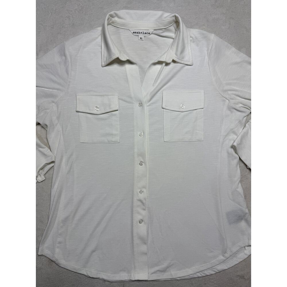 Mesh + Lace Shirt Sz XL White Slub Knit Button Down Roll Tab Utility Layer RTO